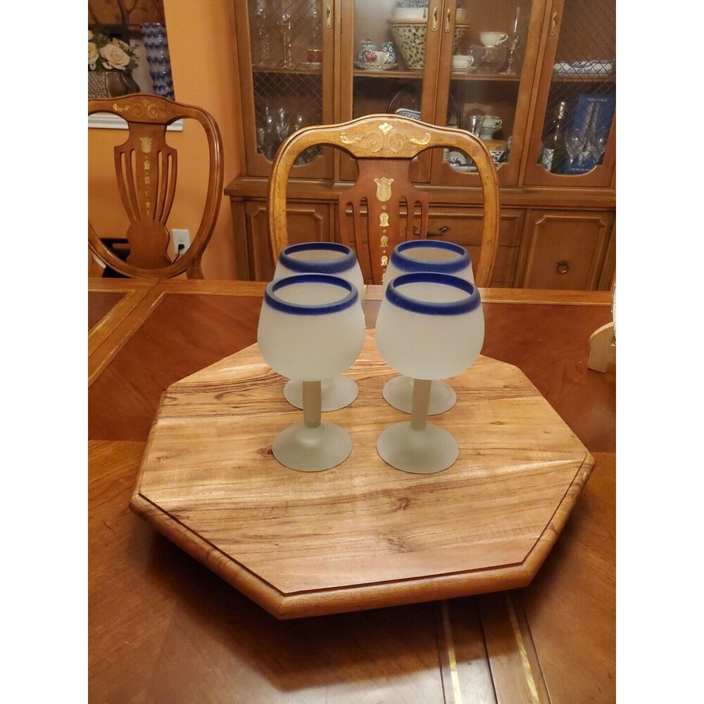 Mexican Hand Blown Cobalt Blue Rim & Stemmed Water Wine Glasses Set of 4 6” Tall